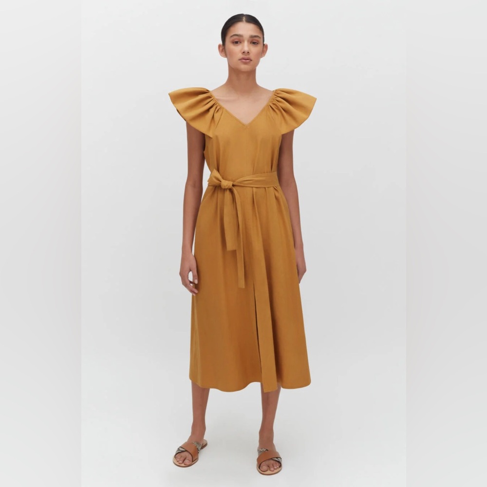 NWT Cuyana Linen Flutter Sleeve Belted Dress, Honey size S